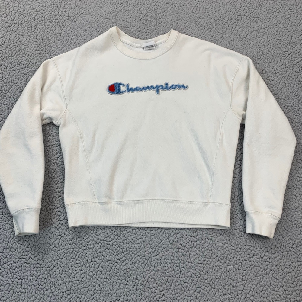 Champion Sweatshirt‎ Mens Medium Cream Reverse Weave Chenille Script Logo GF750